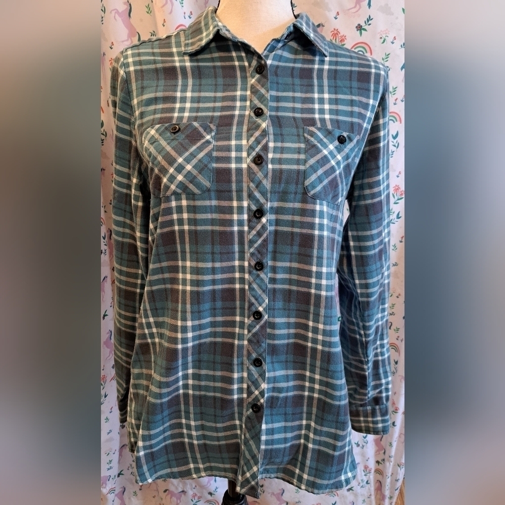 EUC Y2K Hot Topic Aqua Plaid Lace Skull Casual Long Sleeve Collar Shirt Top SZ M - Picture 2 of 5